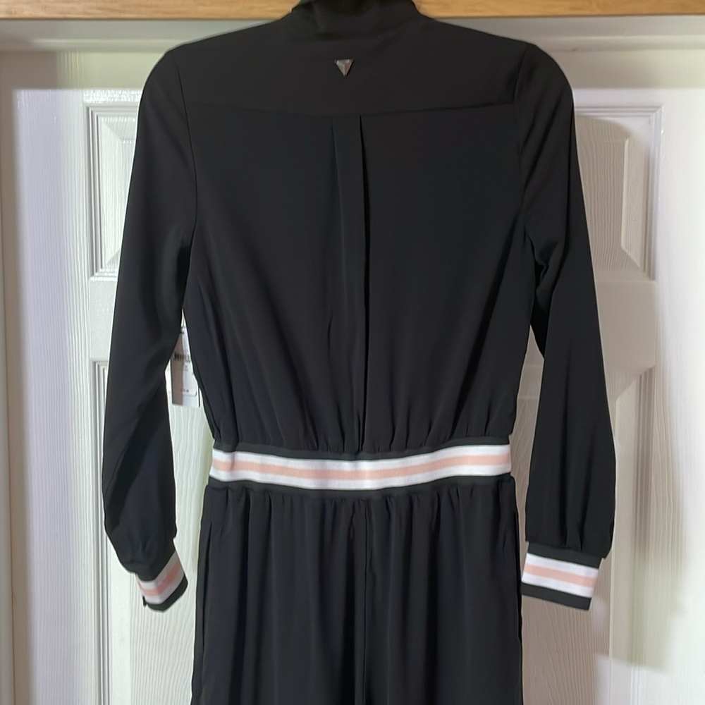 Guess Jumpsuit XS Black Zip Front Wide Leg Long Sleeve Stripe Trim Athleisure - Picture 7 of 16